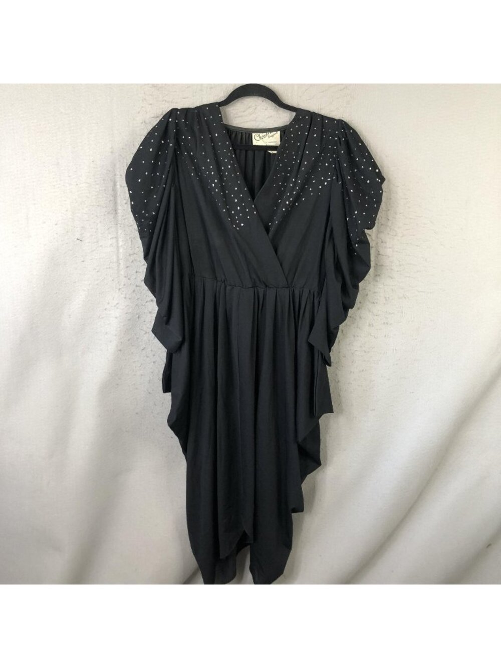 Vintage Statement Dress Womens M Black Wrap Rhinestone Dolman Party Designer